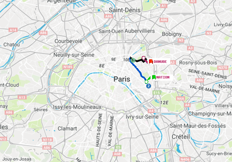 plan itinéraire ratp de Nation à Danube