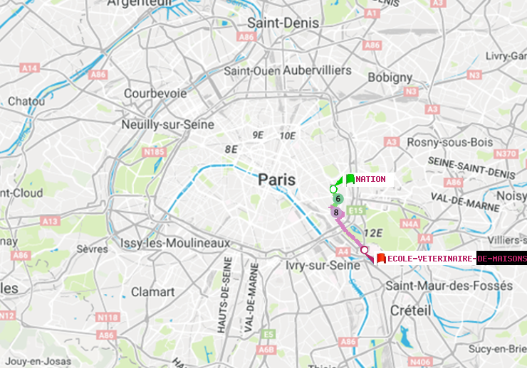 plan itinéraire ratp de Nation à Ecole Vétérinaire de Maisons-Alfort