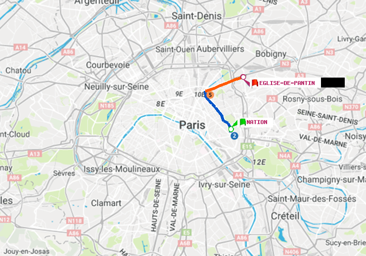 plan itinéraire ratp de Nation à Eglise de Pantin