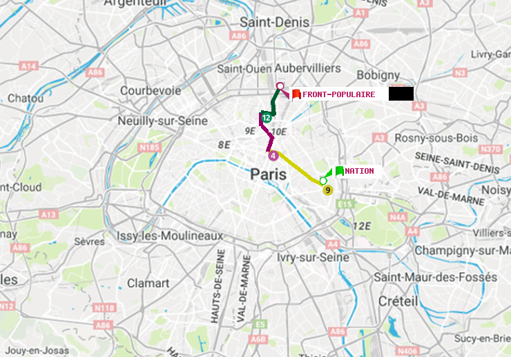 plan itinéraire ratp de Nation à Front Populaire