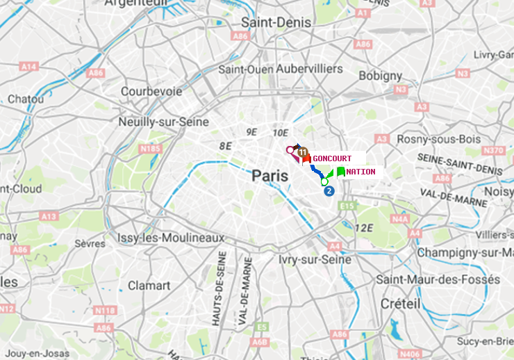 plan itinéraire ratp de Nation à Goncourt (Hôpital Saint-Louis)