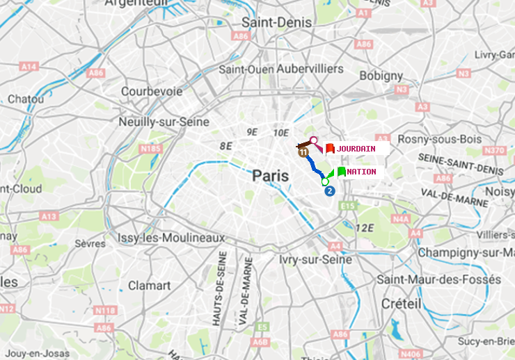 plan itinéraire ratp de Nation à Jourdain