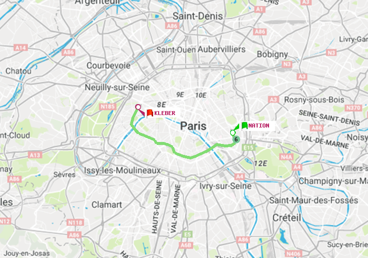 plan itinéraire ratp de Nation à Kléber