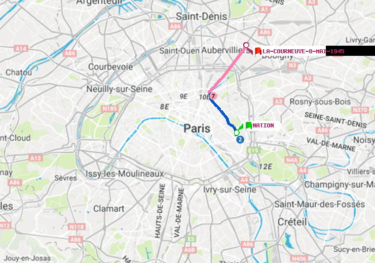 plan itinéraire ratp de Nation à La Courneuve-8-Mai-1945