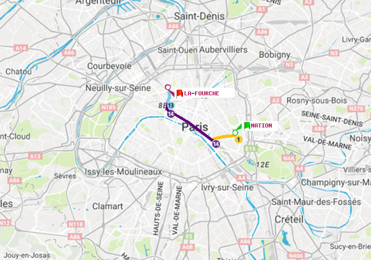 plan itinéraire ratp de Nation à La Fourche