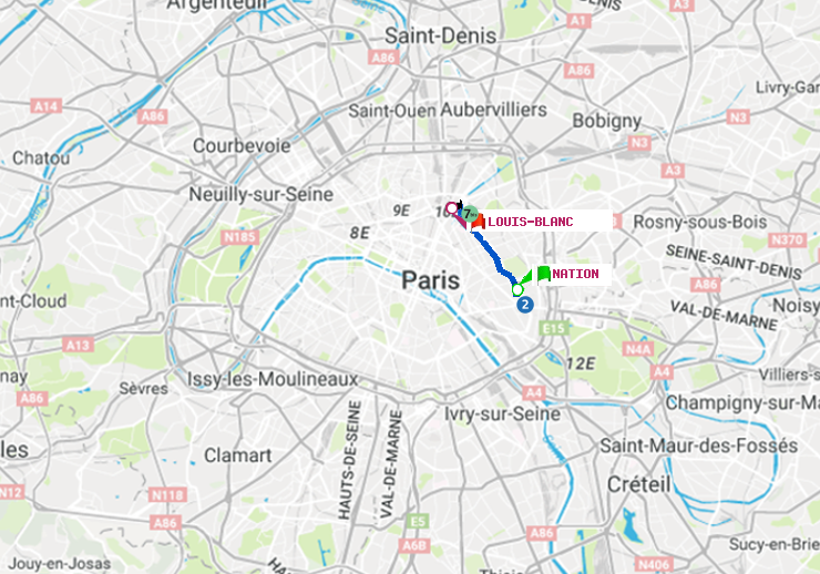 plan itinéraire ratp de Nation à Louis Blanc