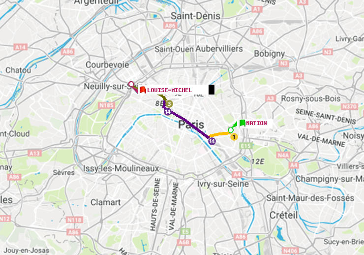 plan itinéraire ratp de Nation à Louise Michel