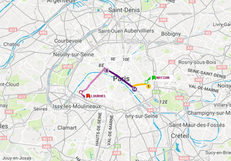 plan itinéraire ratp de Nation à Lourmel