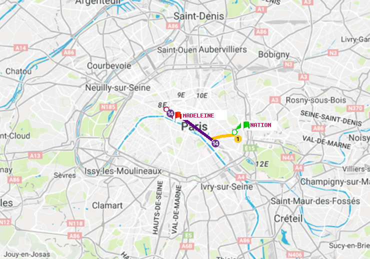 plan itinéraire ratp de Nation à Madeleine
