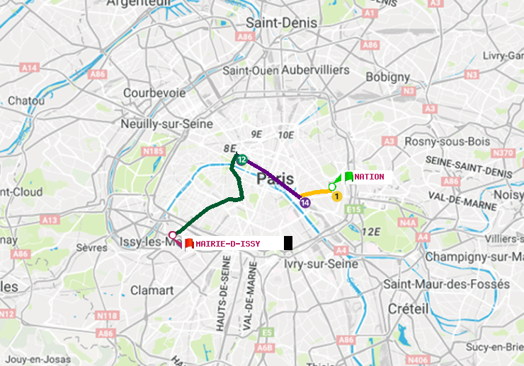 plan itinéraire ratp de Nation à Mairie d