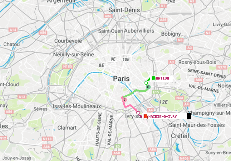 plan itinéraire ratp de Nation à Mairie d