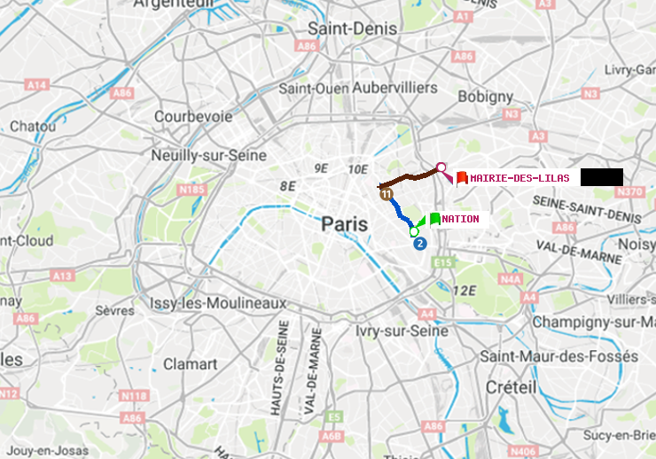 plan itinéraire ratp de Nation à Mairie des Lilas