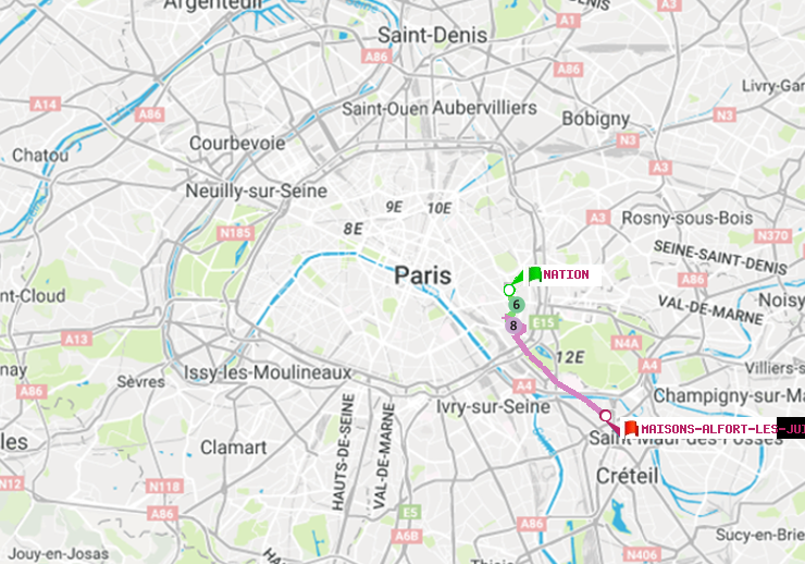 plan itinéraire ratp de Nation à Maisons-Alfort-Les Juilliottes