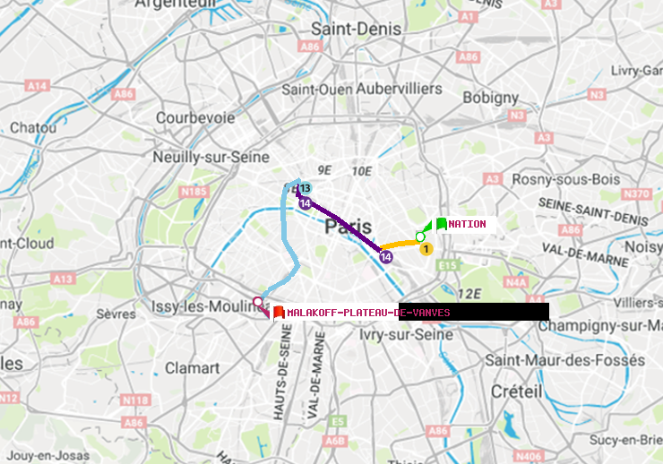 plan itinéraire ratp de Nation à Malakoff-Plateau de Vanves
