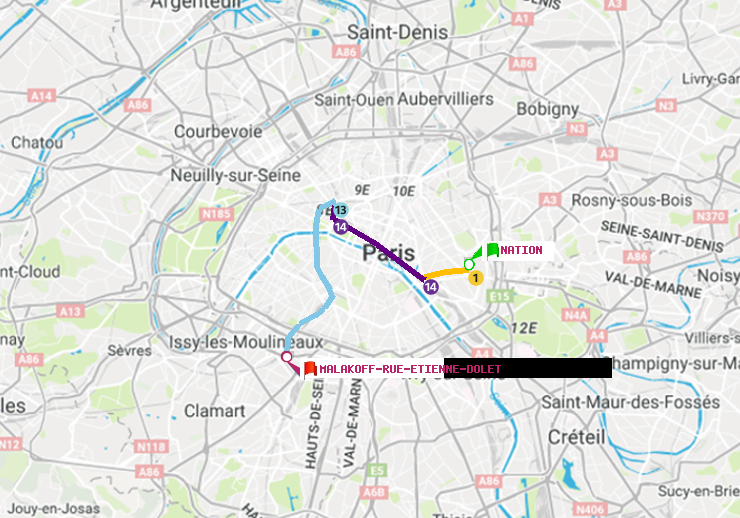 plan itinéraire ratp de Nation à Malakoff-Rue Etienne Dolet
