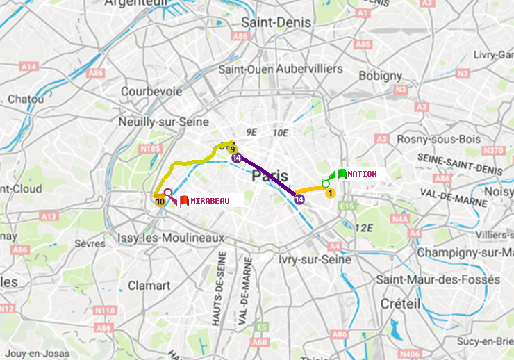 plan itinéraire ratp de Nation à Mirabeau