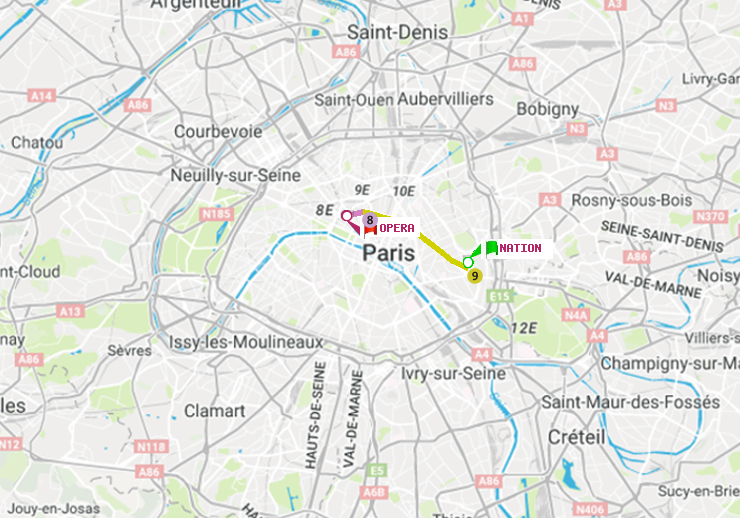 plan itinéraire ratp de Nation à Opéra