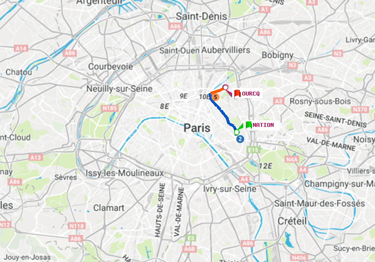 plan itinéraire ratp de Nation à Ourcq