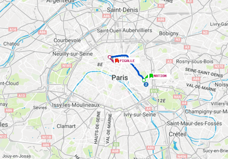 plan itinéraire ratp de Nation à Pigalle