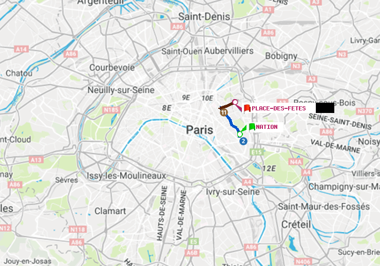 plan itinéraire ratp de Nation à Place des Fêtes