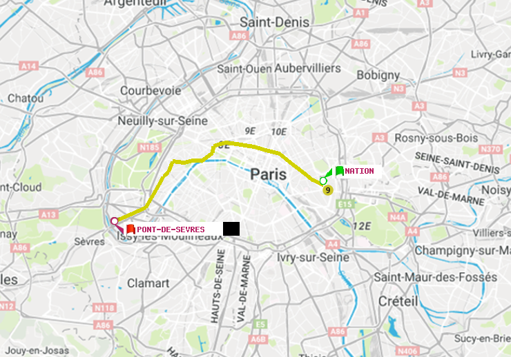 plan itinéraire ratp de Nation à Pont de Sèvres