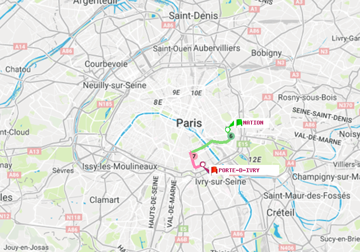 plan itinéraire ratp de Nation à Porte d