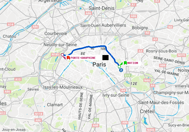 plan itinéraire ratp de Nation à Porte Dauphine (Maréchal de Lattre de Tassigny)