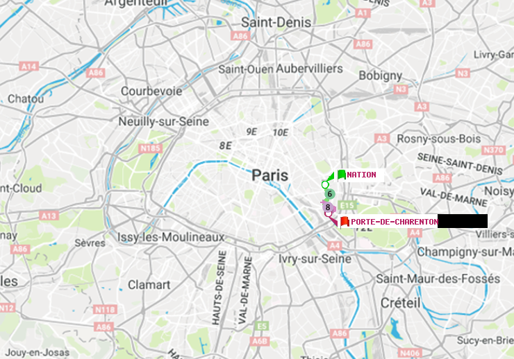 plan itinéraire ratp de Nation à Porte de Charenton