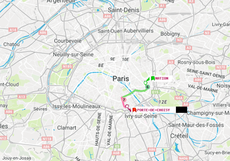 plan itinéraire ratp de Nation à Porte de Choisy