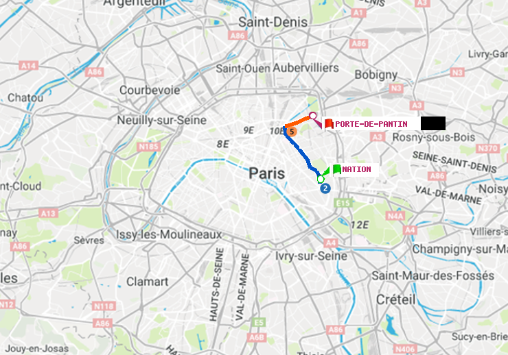 plan itinéraire ratp de Nation à Porte de Pantin