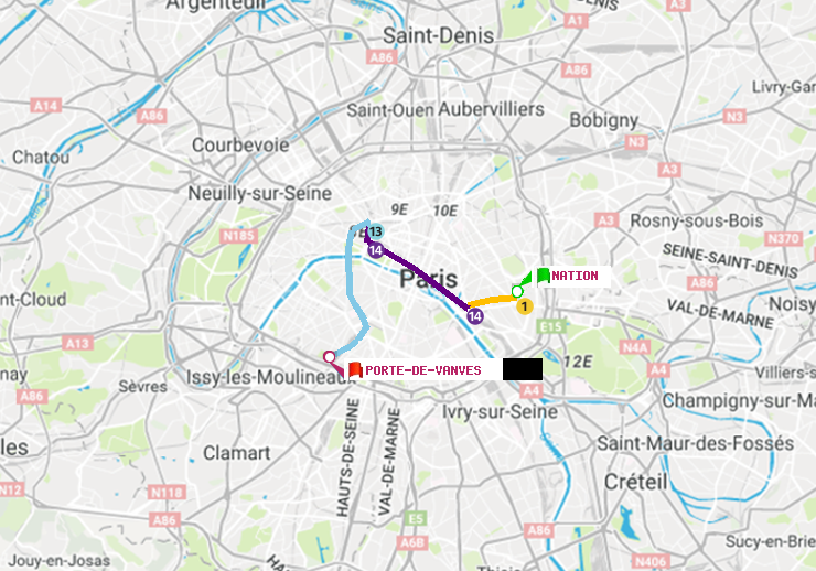 plan itinéraire ratp de Nation à Porte de Vanves