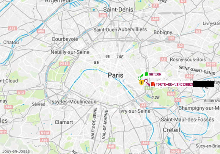 plan itinéraire ratp de Nation à Porte de Vincennes
