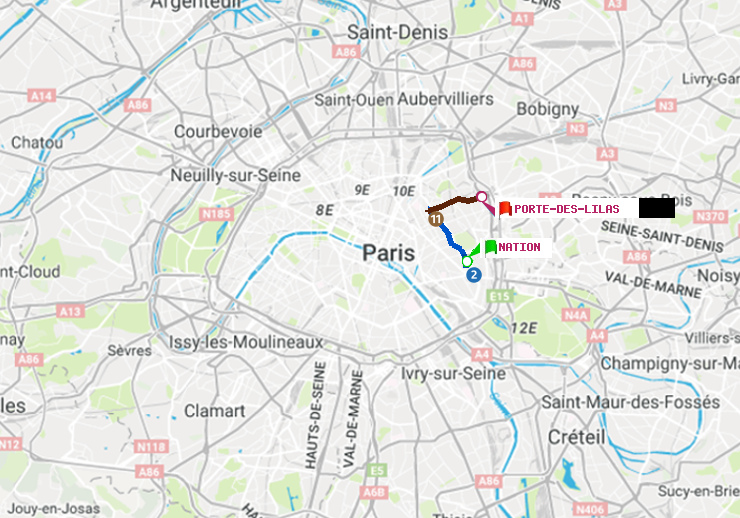 plan itinéraire ratp de Nation à Porte des Lilas
