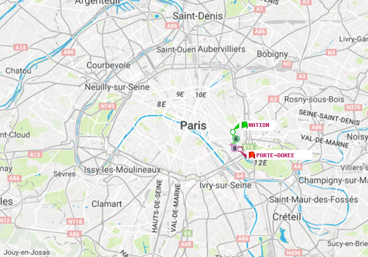 plan itinéraire ratp de Nation à Porte Dorée