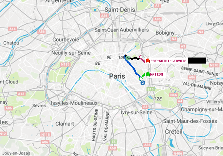 plan itinéraire ratp de Nation à Pré-Saint-Gervais