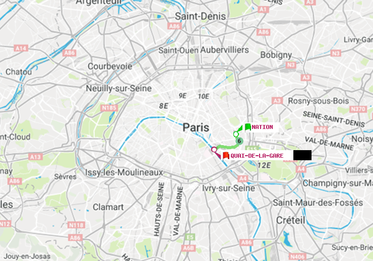 plan itinéraire ratp de Nation à Quai de la Gare