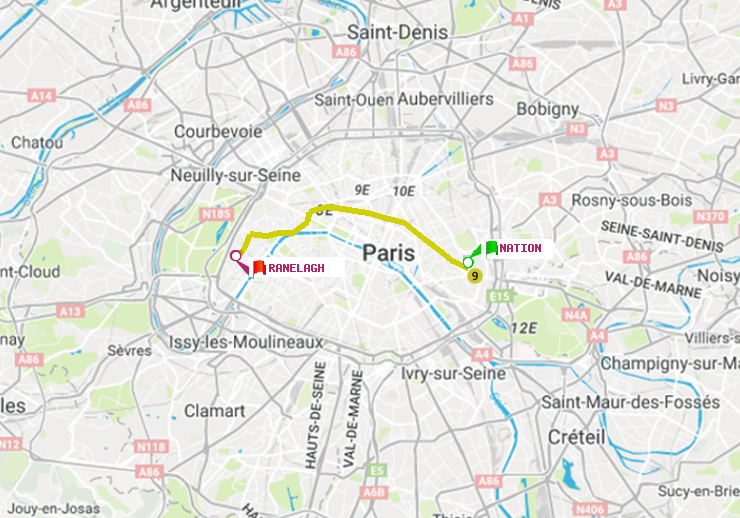 plan itinéraire ratp de Nation à Ranelagh