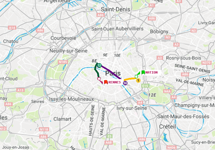 plan itinéraire ratp de Nation à Rennes