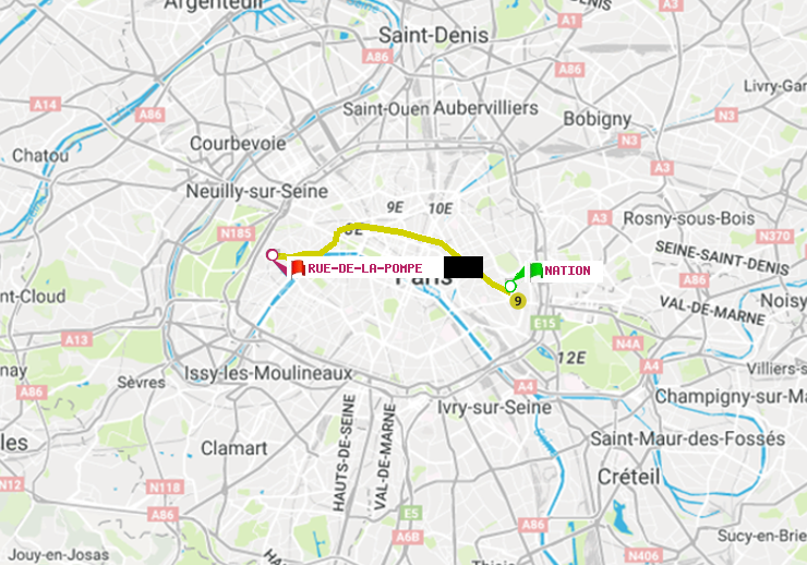 plan itinéraire ratp de Nation à Rue de la Pompe (Avenue Georges Mandel)