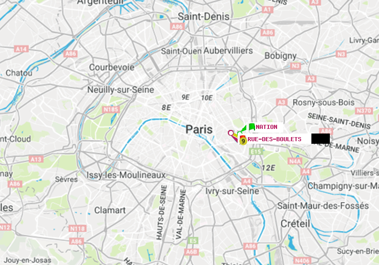 plan itinéraire ratp de Nation à Rue des Boulets