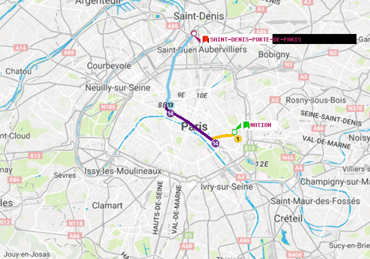 plan itinéraire ratp de Nation à Saint-Denis-Porte de Paris