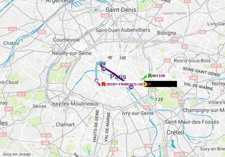 plan itinéraire ratp de Nation à Saint-Francois-Xavier