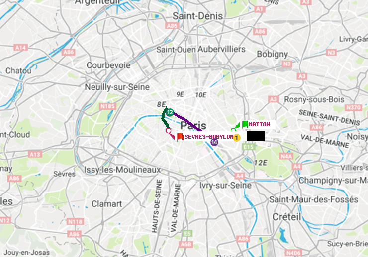 plan itinéraire ratp de Nation à Sèvres-Babylone