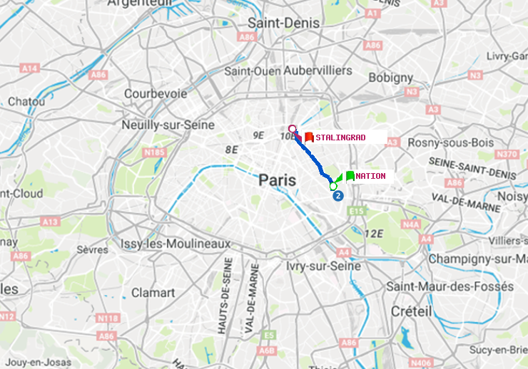 plan itinéraire ratp de Nation à Stalingrad