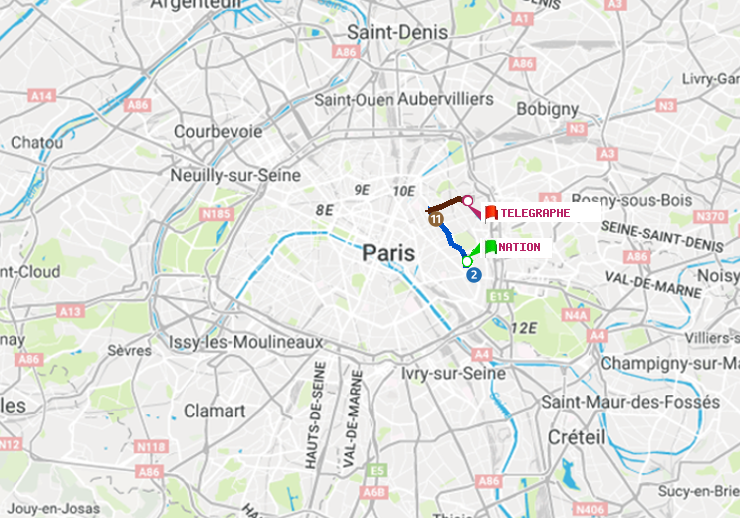 plan itinéraire ratp de Nation à Telegraphe
