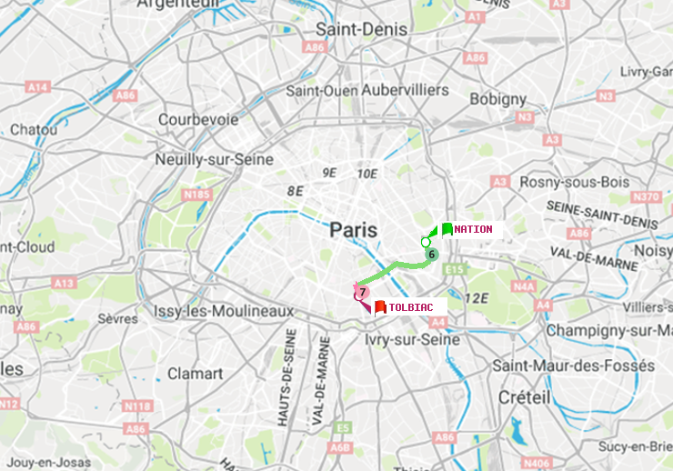 plan itinéraire ratp de Nation à Tolbiac