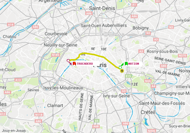 plan itinéraire ratp de Nation à Trocadéro