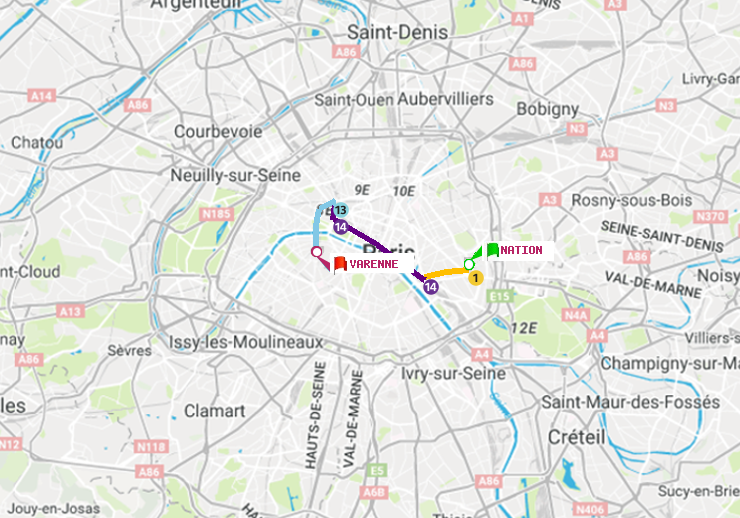 plan itinéraire ratp de Nation à Varenne
