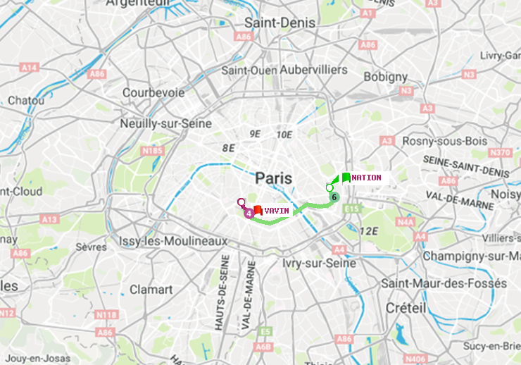 plan itinéraire ratp de Nation à Vavin