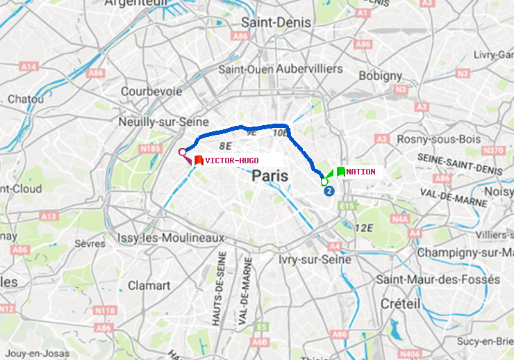 plan itinéraire ratp de Nation à Victor Hugo